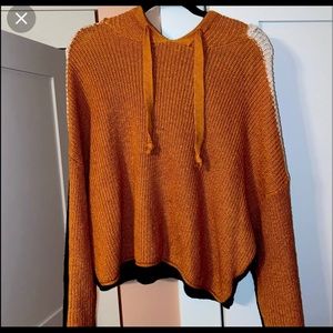 Womens American Eagle Knit Sweater Hoodie Rust and Navy Stretchy Oversized